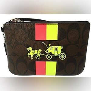 Coach Heritage Neon Stripe Leather Rare Signature C Mahogany Wristlet Wallet New